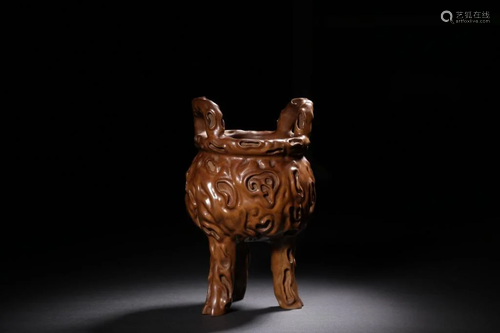 Qing Chinese Huangyang Wood Carved Tripod Censer