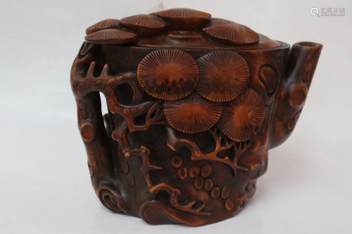 Large Chinese Bamboo Carved Teapot