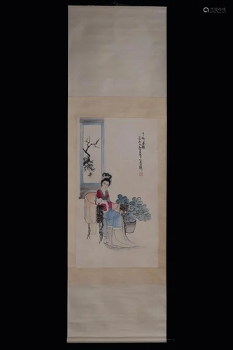 Chinese Ink Color Scroll Painting w Calligraphy