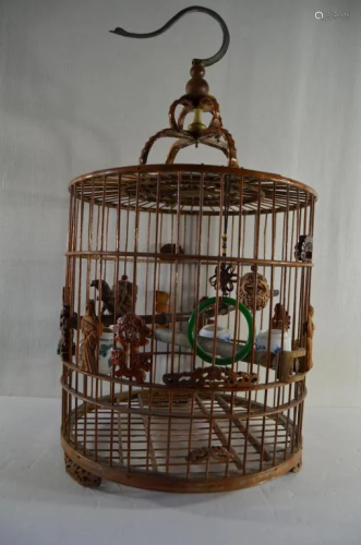Chinese Antique Bamboo Bird Cage w Feeder