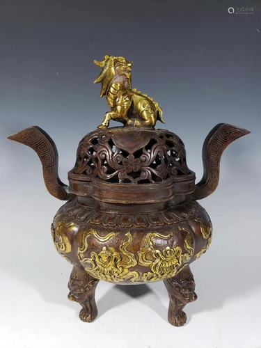 Chinese Bronze Tripod Cover Censer w Handle,Mark