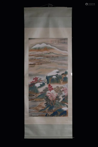 Chinese Ink Color Scroll Painting w Calligraphy