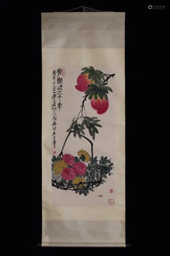 Chinese Ink Color Scroll Painting w Calligraphy