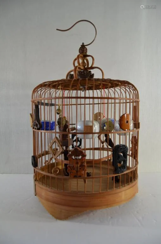 Chinese Bamboo Bird Cage w Feeder