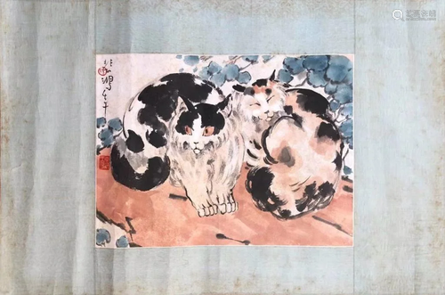 Chinese Ink Color Painting w Red Seal,Cats