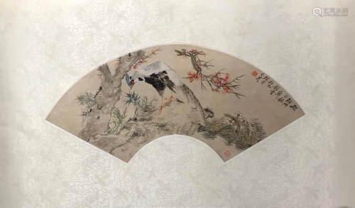 Chinese Ink Color Fan Painting w Calligraphy