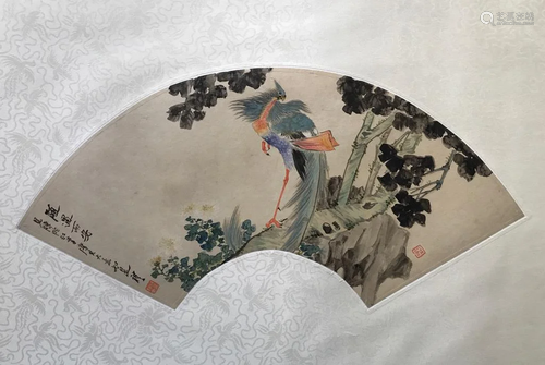 Chinese Ink Color Fan Painting w Calligraphy