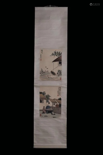 Chinese Ink Color Scroll Painting w Calligraphy