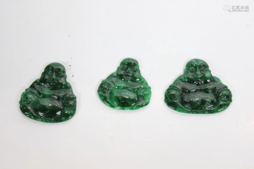 Three Chinese Green Jadeite Buddha Pendants