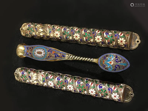 Two Enamel Mezuzah and One Russian Tong