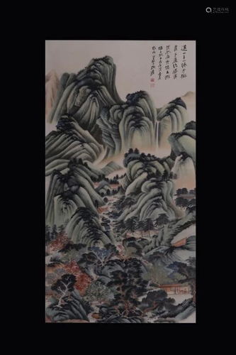 Chinese Ink Color Landscape Scroll Painting w Call