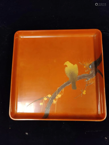 Japanese Lacquer Red Tray w Eagle