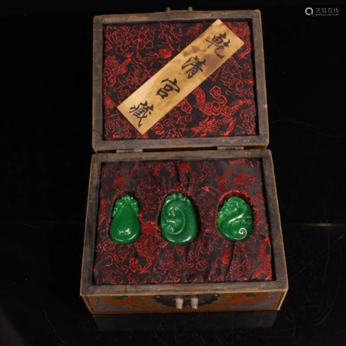 Three Chinese Green Pendants w Original Case