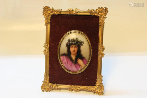 Porcelain Portrait Painting w Bronze Frame