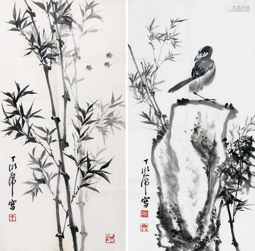 丁衍庸 翠竹圖 鳥石圖 二幅 設色紙本 鏡片