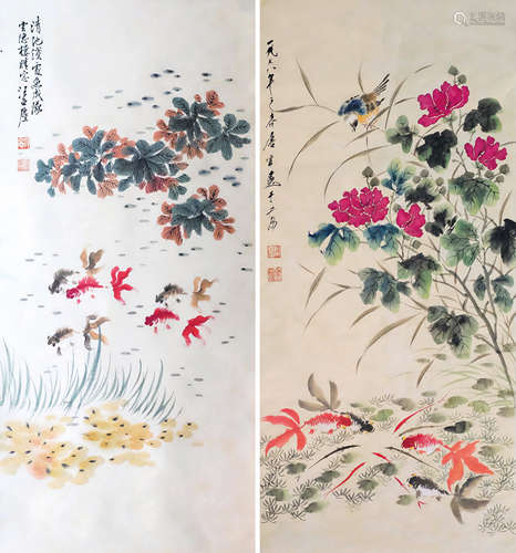 汪亞塵 唐雲 金魚花鳥 設色紙本 立軸