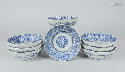 Set Japanese Meiji Type Blue & White Porcelain Bowl