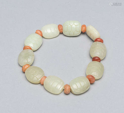 Fine Chinese White Jade & Cameo Agate Prayer Beads