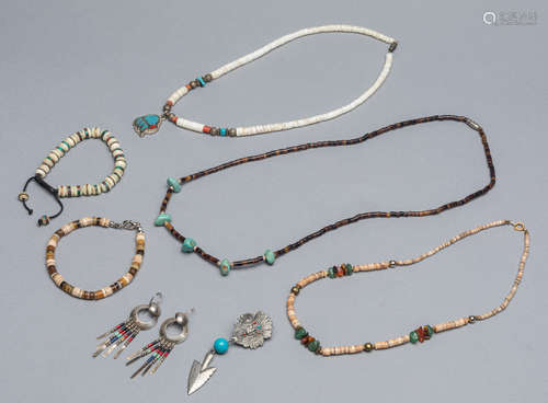 Group Native American Type Trade Bead Necklace and Silver Earrings