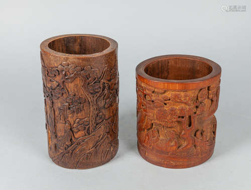 Set Chinese Old Carved Bamboo Brush Pot