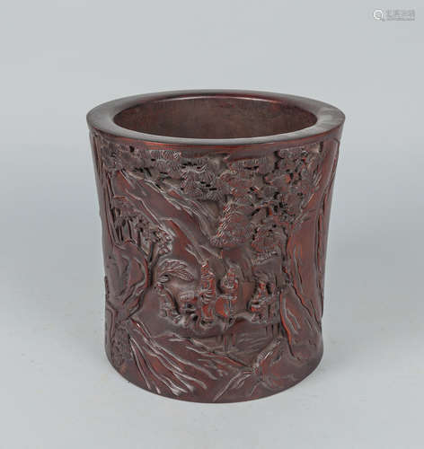 Large Chinese Carved Wood Brush Pot