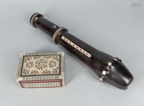 Set Asian Wood Stick & Box Inlaid Mother of Pearl