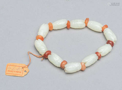 Chinese Export White Jade & Cameo Agate Bracelet