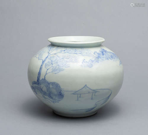 Fine Asian Hand Painted Blue & White Porcelain Jar