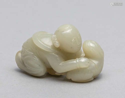 Chinese White Jade Toggle of Boy & Cat