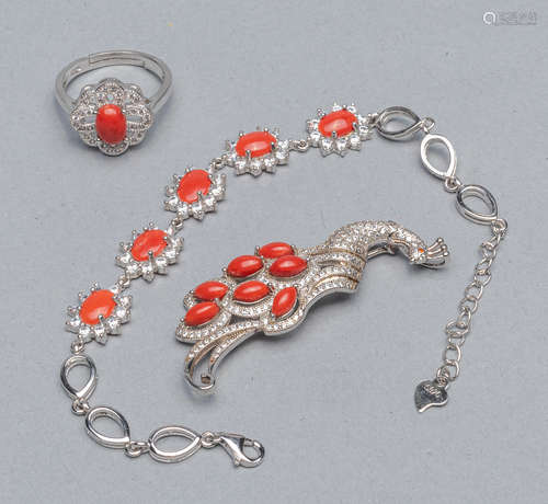 Set Marked 925 & Coral Like Bracelet, Ring & Brooch