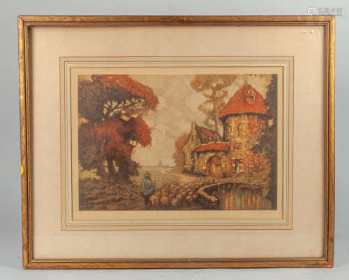 Signed Old Lithograph of Village