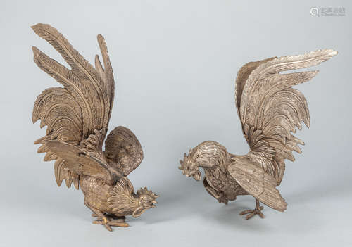 Pairs Japanese Art Metal Rooster Sculptures