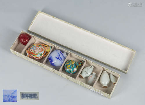 Set Chinese Porcelain, Glass & Cloisonne Snuff Bottles