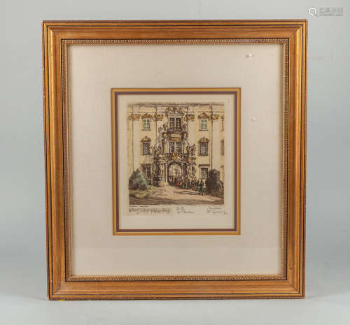 Signed Old Lithograph with Gilt Frame