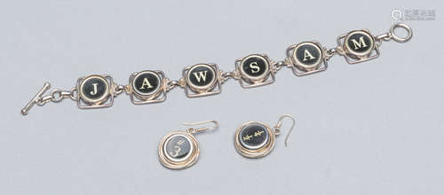 Designed Sterling Typewriter Key Type Bracelet & Earrings.