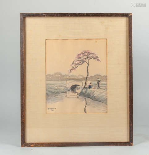 Signed Japanese Water Color Painting, Suratin