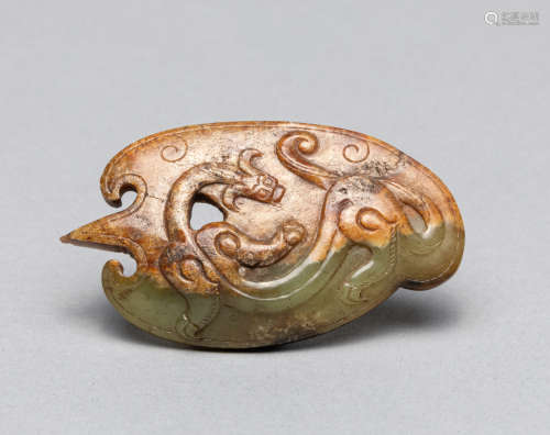Chinese Jade Carving of Dragon & Chicken Heart Type Pendant
