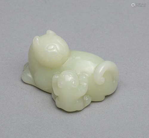 Large Chinese White Jade Toggle of Cats