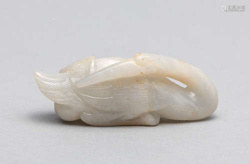 Chinese White Jade Carving of Goose Holding Lotus