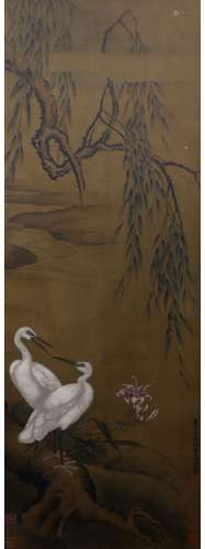 A CHINESE RED-CROWNED CRANE PAINTING SILK SCROLL WANG RUOSHUI MARK