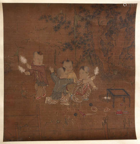 A CHINESE CHILDREN PAINTING SILK SCROLL