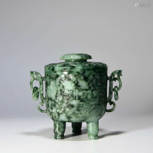 A JADEITE TWIN EAR TRIPOD JADEITE CENSER