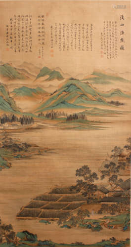 A CHINESE LANDSCAPE PAINTING SILK SCROLL SHANG RUI MARK