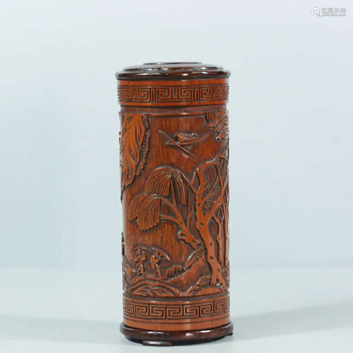 A FIGURAL CARVED BAMBOO INSCRIBED BRUSH POT