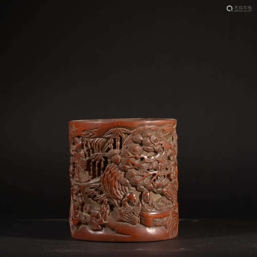 A PINE&FIGURE CARVED BAMBOO BRUSH POT