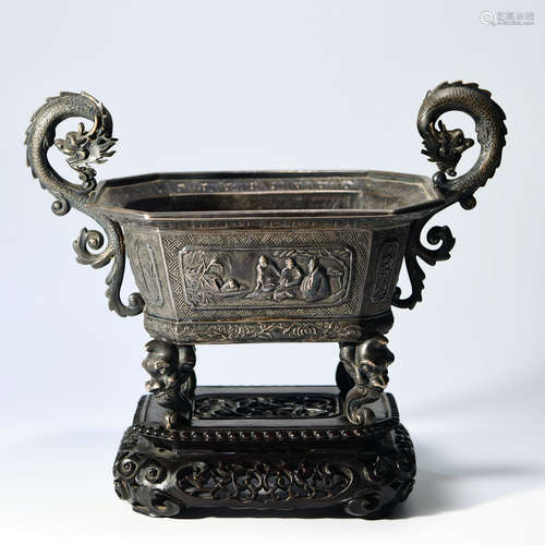 A DOUBLE DRAGON EARS SILVER CENSER