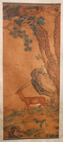 A CHINESE DEER PAINTING SILK SCROLL