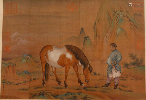 A CHINESE HORSE PAINTING SILK SCROLL LANG SHINING MARK