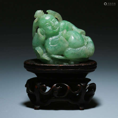 A JADEITE FIGURE ORNAMENT WITH STAND