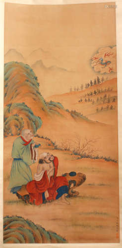 A CHINESE ARHAT PAINTING SILK SCROLL DING GUANPENG MARK